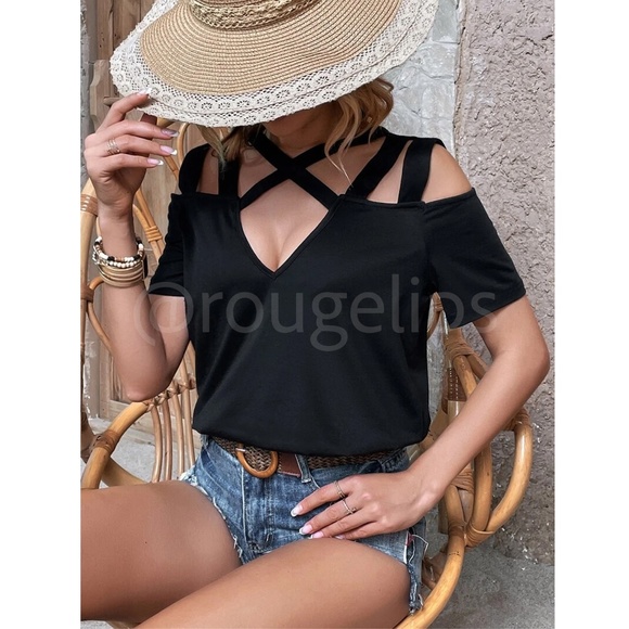 Black Short Sleeve Tee Shirt Top Cold Shoulder Criss Cross Straps - Picture 2 of 7